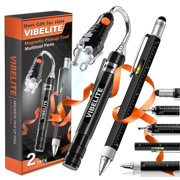 Magnetic Pickup Tool and 6 in 1 Multitool Pen with Touch Screen Stylus, Rulers, Bubble Level, Flathead, Phillips Screwdriver, Ballpoint Pen, Valentines Day Gifts for Men, Handyman, Father, Dad, 2 Pack