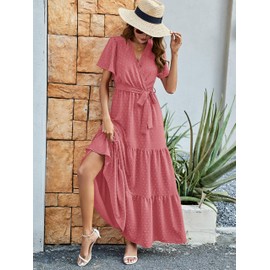 MASCOMODA Women Boho Swiss Dot Maxi Dresses Wrap V Neck Flutter Short Sleeve Solid Tie Waist A Line Tiered Flowy Long Dress(Pink,Large)