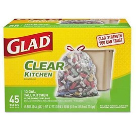 Recycling Tall Kitchen Drawstring Trash Bags, 13 gal, 0.9 mil, 24" x 27.38", Clear, 45/Box