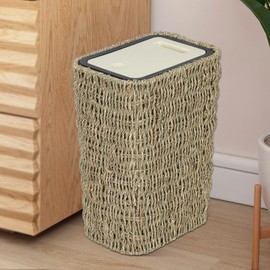 Trongee Boho Trash Can with Lid,3 Gallon Small Rattan Trash Can with Press Top Lid,Slim Wicker Waste Basket and Hamper 2 in 1 for Bathroom,Seagrass Woven Garbage Can Trash Basket for Bathroom,Kitchen