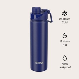 SHO Stainless Steel Sports Water Bottle - Leak Proof, BPA Free, No Sweat, Vacuum Insulated Double Walled Metal Flask - 12 Hours Hot 24 Hours Cold (660ml Midnight Blue)