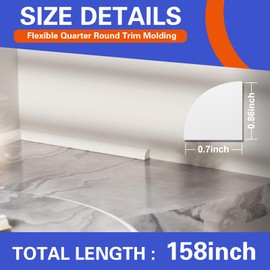 Flexible Quad Moulding, Peel and Stick, Corner Moulding Trim, Waterproof Rubber Quad Moulding, Suitable for Use on Floors, Bathrooms and Countertops (0.7” W x 0.86” H x 158” L,White)