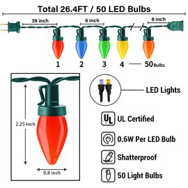 SOTOPOO C7 LED Plug in Multicolor Christmas Lights with 50 LED Multicolor Light Bulbs Perfect as Indoor Outdoor Christmas Lights for Tree Home Yard Porch Stair Decor