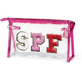 COSHAYSOO Clear Makeup Bag Preppy Sunscreen Zipper Pouch Transparent Beach Pool Travel Things Summer Stuff Traveling Cosmetic Toiletry Accessories for Women Teen Girl with Letter Patch Pink SPF