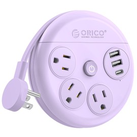 ORICO Power Strip with USB Ports, 4Ft Flat Extension Cord with 3 AC Outlets and 2 USB-A and 1 USB-C Charging Ports, 45° Flat Plug, Non-Surge Protector for Cruise/Home/Office/Dorm Essentials, Purple