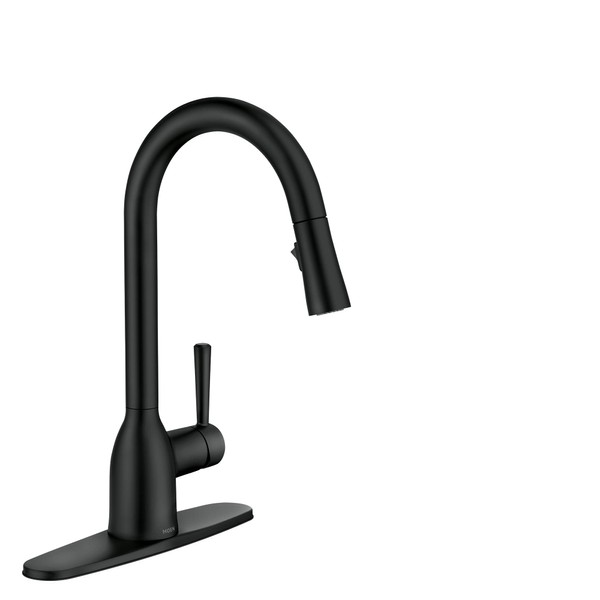 Moen Adler Matte Black One-Handle High Arc Kitchen Sink Faucet with Power Clean, Modern Kitchen Faucet with Pull Down Sprayer, 87233BL