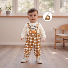 Lucikamy Newborn Baby Boy Fall Clothes Football Long Sleeve Romper Suspender Pants Hat Cute 3Pcs Infant Coming Home Outfits (Beige, 0-3 Months)