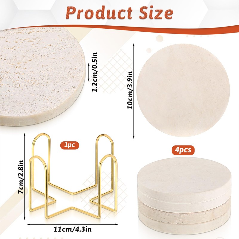 HANLANXUE 4 Pcs 4 inches Beige Travertine Coasters with Holder