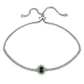 B. BRILLIANT Sterling Silver Simulated Emerald Flower Tennis Bolo Adjustable Stack Bracelet for Women