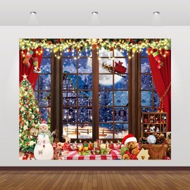 Christmas Backdrop 10x8ft Window Xmas Tree Background Winter Snow Snowflake Santa Claus Moon Night Snowman Photography Backdrops Christmas Festival Party Banner Decorations Photo Booth Props