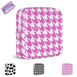 Sanitary Pads Storage, Tampon Storage, Menstruation Period Bag with Zip, Mini Sanitary Napkin Storage Bag for Nursing Pads, Gifts for Girls (Houndstooth Pink)