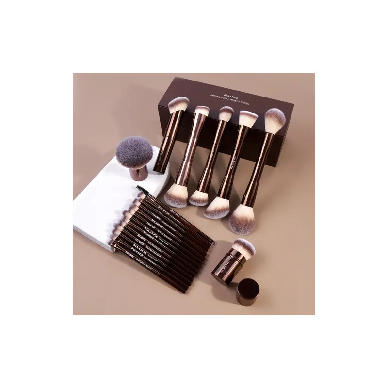 20 Brochas Maquillaje Profesional Con Estuche Alta Calidad Color Marrón