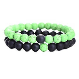 African Sougou 2Pcs/Set Couples Distance Bracelet Classic Natural Stone Yin and yang Beaded Bracelets for Men Women (Green-Black)