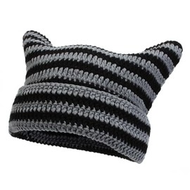 Crochet Cat Hat for Women Grunge Accessories Cat Ear Beanie Women Vintage Fox Hat Slouchy Beanies Women (US, Alpha, One Size, Black Grey)