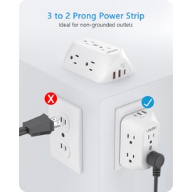 LENCENT 2 Prong Power Strip, 3 to 2 Prong Grounding Outlet Adapter 6 Outlet PD20W &2 USB A Port, 1728J Surge Protector, 3-Sided Wide Spaced Extender, Polarized Plug, Wall Mount for Non-Grounded Outlet