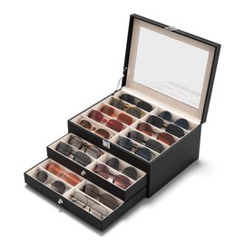 NEWLOOP Sunglass Organizer Display Case - Sunglasses Holder for Men Women Leather Multiple Pair Eye Glasses Storage Organizer 3-Layer Jewelry Watch Eyeglass Collection Box with 30 Slots, Black