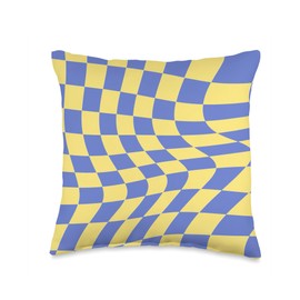 Lemon Zest Twist Retro Checkerboard Blue Yellow Checkered Throw Pillow