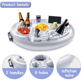 SNOKAY Inflatable Floating Drink Holder with Manual Air Pump - Large Capacity 8-Hole Pool Food and Drink Tray, Versatile Floating Tray for Pools, Hot Tubs, Beach, and Spa