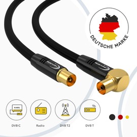RedStar24 Antenna Cable 2 m Black - Male to 90° Angled Female Coaxial - Premium HDTV Coaxial Cable for Cable TV | TV Cable: Compatible with TV, Radio, DVB-T/T2, DVB-C, DAB