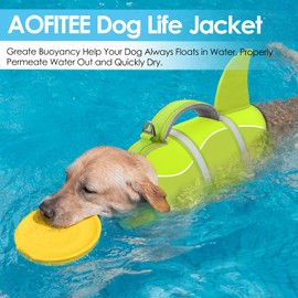 AOFITEE Dog Life Jacket, Dog Life Vest for Swimming, Shark Dogs Swimming Vest with Rescue Handle and Reflective Stripe, Ripstop Pet Float Coat Swimsuit Lifesaver Small Medium Large Dogs Green L