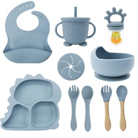 10PCS Silicona Bebé Alimentación Set, Plato De Dinosaurios Para Bebés De Silicona Con Babero Y Cuchara Y Tenedor (Azul)                               