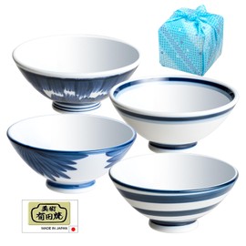 SAZANKA Japanese Rice Bowls Ceramic Soup Bowls Set of 4, 6.1 Ounce Small Cereal Bowls Rice Bowls White and Blue Bowls, Microwave Safe Bowls,Salad and Pasta,Dessert Bowls w/Gift Box