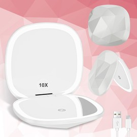 Elidora Compact Mirror with Light 1x/10x Magnifying Led Travel Makeup Small Mirror Rechargeable Portable Mirror for Purse Pocket Travel Essentials Accessories for Women Gifts White
