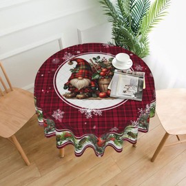 mutakin Christmas Bird Gnome Tablecloth Red Plaid Round Table Cover Washable Reusable Decoration Table Cloth for Home Kitchen Party Picnic 60 Inch