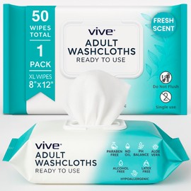 Vive Adult Wipes for Elderly (1 Pack - 50 Count - 8"x12") - Incontinence Disposable Washcloths for Women & Men - Shower Wipes for Bathing No Rinse, Personal Cleansing - Hypoallergenic, Fresh Scent