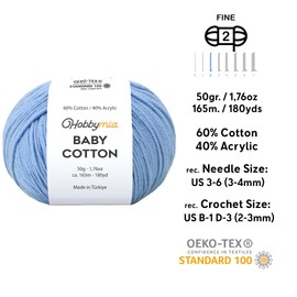 HobbyMia Baby Cotton Yarn for Crocheting - 50g / 180yds - (2) Fine, Sport Weight Yarn - Soft Amigurumi Yarn for Crochet Thread - 60% Cotton & 40% Acrylic Yarn (Light Blue, 2 Balls)