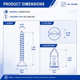 100 PCS Self Drilling Drywall Anchors with Screws Kit, 0.47×1.18 Inch Metal Wall Anchors for Drywall Hanging, No Drill Needed