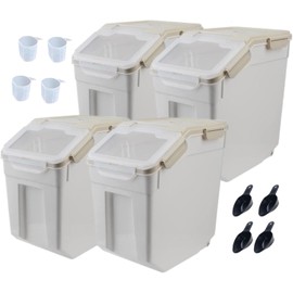 YXQ 25LB Large Flour Storage Container Bin,4 Pack Airtight Plastic with Wheels Seal Locking Lid Dispenser Organizer Storage Bin with Measuring Cup & Scoop for Flour, Rice, Grain 100LBS Total，Grey