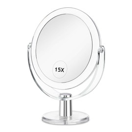 CLSEVXY Vanity Makeup Mirror with Stand, 1X/15X Magnification Double Sided 360 Degree Swivel, Portable Table Desk Counter top Magnifying Mirror, Tabletop Bathroom Shaving Mirror, 6.25 Inch