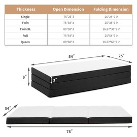 LivableLuxury Folding Mattress, Tri-fold Memory Foam Mattress Topper for Camping, Foldable Mattress Topper with Washable Cover, Various Sizes, White - Bedding Size: Full, Style: 4 Inch