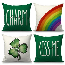 FUYUCHEN St Patricks Day Pillow Covers 18x18 Set of 4 Shamrock Rainbow Kiss Me Decorative Throw Pillows Cushion Cases for Sofa Couch Home Farmhouse Holiday St Patricks Day Decorations