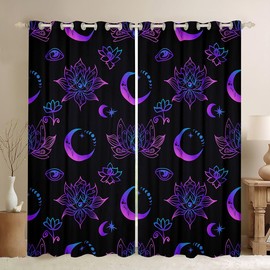 Erosebridal - Cortinas opacas con estampado de luna, flores de loto, cortinas y cortinas degradadas púrpuras, cortinas orientales de Fátima, Hamsa, tratamientos bohemios hippie, decoración de recámara negro