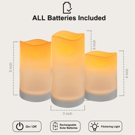 JOHOO Solar Candles Outdoor Waterproof Set of 3 Flameless Pillar Candles with Flickering LED, 3’’x4‘’/5‘’/6’’