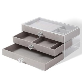 Milnnie Acrylic Jewelry Organizer with 3 Drawers – Clear Anti-Oxidation Storage Box with Velvet Lining, Large Capacity Desktop Display Case for Rings, Earrings & Accessories, 9" x 5" x 4"