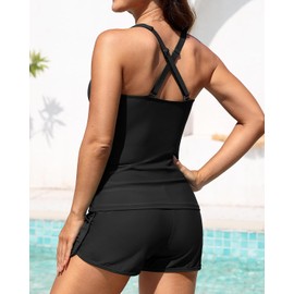 Women Black Tankini Swimsuit with Shorts - Two Piece Tummy Control Bathing Suit Twist Knot Swimwear 2025 with Pockets L