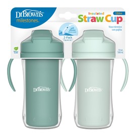 Dr. Brown's Milestones - Taza aislada para sorbos con pajita y asas, vaso a prueba de derrames con tapa, paquete de 2, verde, 10 oz/300 ml, sin BPA, 12 m +