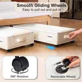 Vincona Under Bed Storage with Wheels, 2 Pack Under Bed Storage Containers with Label Holders for Clothes, Toys and Blankets, Rolling Underbed Shoe Organizer with Cover, Beige (30.71 x 15.7 x 7.28 in)