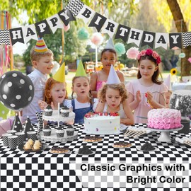 LIKAJON 6 Pack Black and White Checkered Tablecloth, Plastic Table Cloths for Parties Disposable, 54 x 108 inch Waterproof Black Checkered Flag Table Cloth for Birthday, Party, Picnic, School