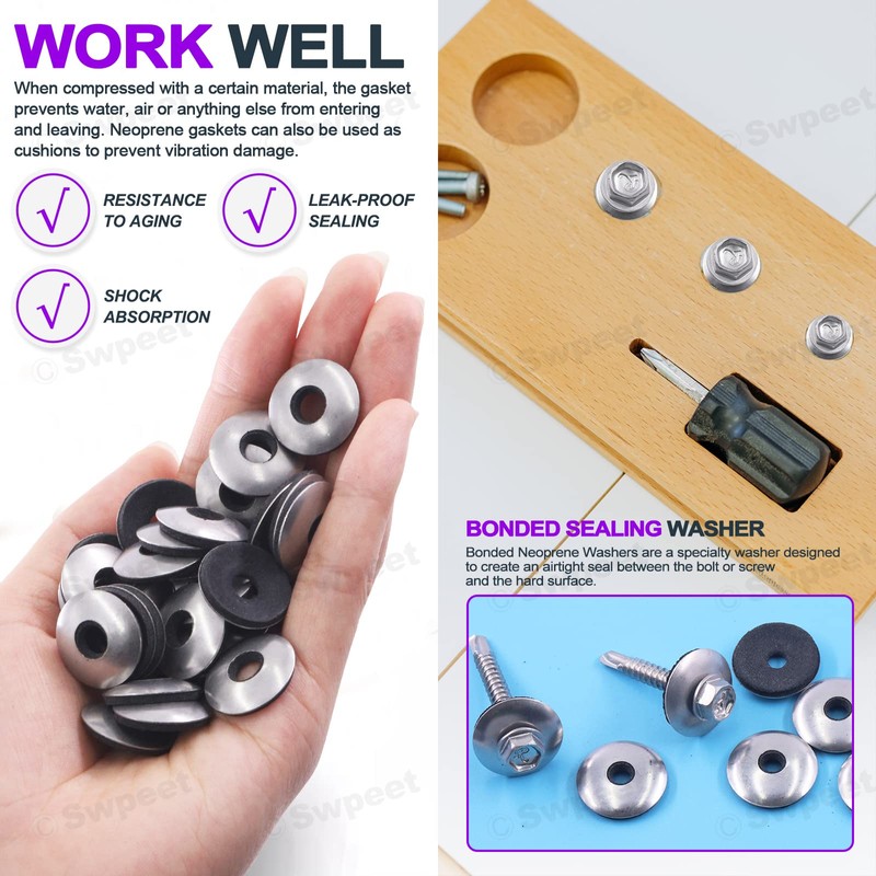 Swpeet 120Pcs Stainless Steel Neoprene EPDM Bonded Sealing Washers Gasket
