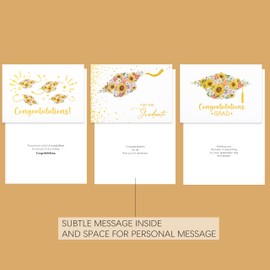 Crisky 12 Pack Happy Graduation Cards, College Graduation Card for Him or Her, 3 Assorted Flowers Grad Card(White and Gold), Congratulations Graduate Card (Flower Graduation Cap (Gold))