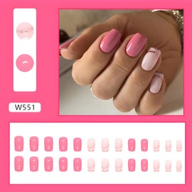 Pink Press on Nails Short Square Fake Nails Glossy False Nails with Pink Line Glitter Acrylic Full Cover Stick on Nails Glue on Nails for Women