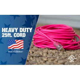 Coleman Cable 2577SW000A 25-Foot 12/3 Neon Outdoor Extension Cord, Made in the USA, Water Resistant Vinyl Jacket, Reinforced Blades, Clear Molded Plug With Power Indicated Light, Fluorescent Pink
