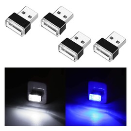 Ziciner 4 PCS USB LED Car Interior Atmosphere Lamp, Portable Mini LED Night Light, Plug-in USB Interface Trunk Ambient Lighting Kit, Universal Car Interior Accessories (White, Blue)