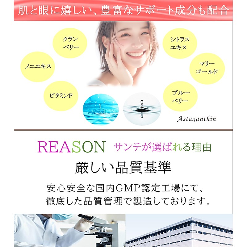 日本サンテ アスタキサンチン サプリメント 10mg ルテイン リコピン配合 日本製 60粒