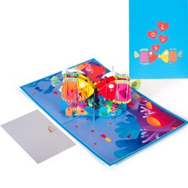 ANEWISH 3D Pop Up Kissing Fishes Greeting Card, Valentine's Day Card, Blue and Pink, Nautical Theme, Modern Style, 15 x 20 cm