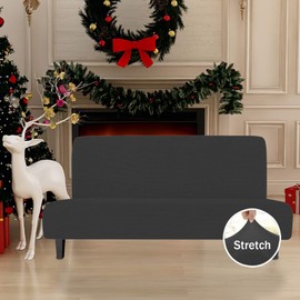 Easy-Going Stretch Futon Slipcover Armless Futon Bed Cover Furniture Protector Without Armrests with Elastic Bottom for Kids, Soft Jacquard Fabric Small Checks (Large, Dark Gray)